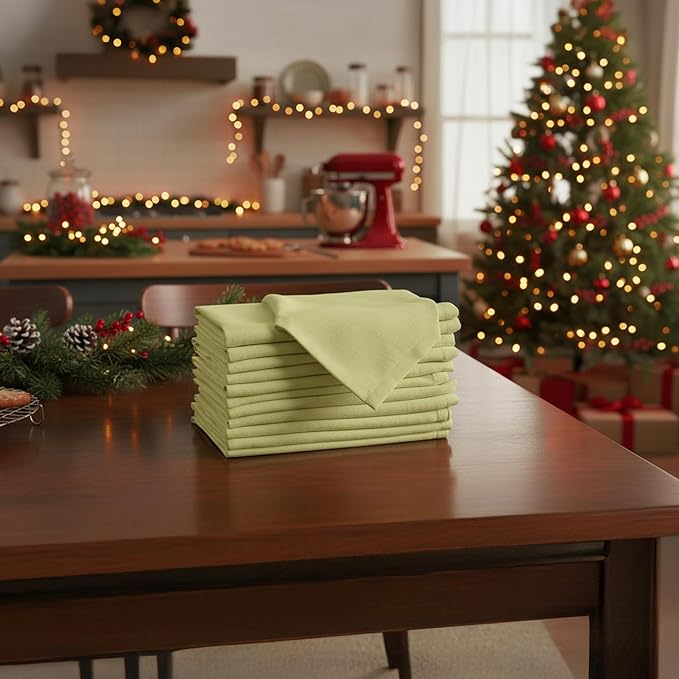 Encasa XO Sage Green Cloth Napkins Set of 12, 17"x17" | Solid Color Cotton Dinner Napkins | Washable & Reusable Napkins for Dining Table Fall Decoration, Holiday & Christmas Festivals