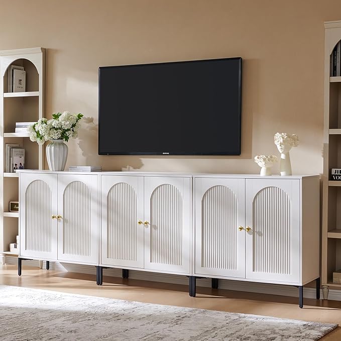 Modern Buffet Cabinet with Storage, 92.63" W Fluted Arched Sideboard Cabinet w/Adjustable Shelves, Wooden Modular Coffee Bar for Dining Room, Kitchen, Living Room, Entryway, White