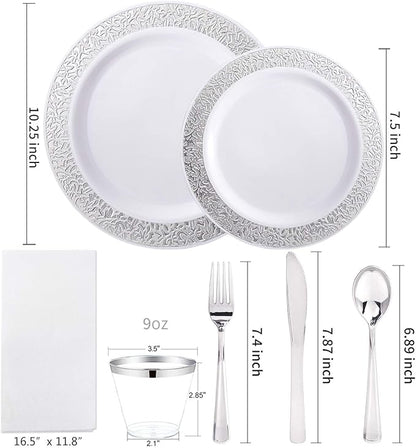 WELLIFE 350 Pieces Silver Disposable Plastic Dinnerware, Includes:50 Dinner Plates, 50 Dessert Plates, 50 Cups, 50 Pre Rolled Napkins with Silver Cutlery