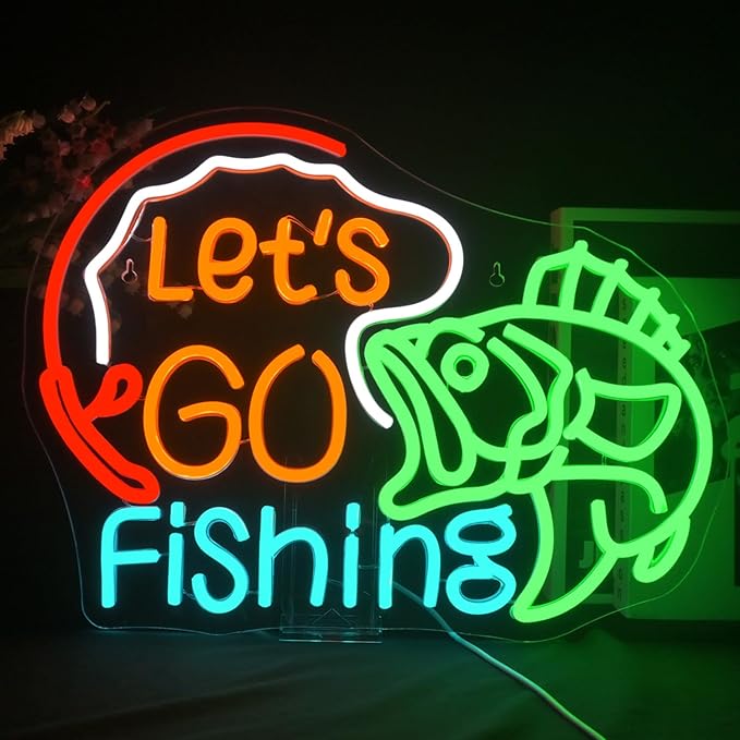 Lucunstar Let's Go Fishing Neon Sign Dimmable Fish Neon Light for Wall Decor LED USB Powered Fishing Hook Lights for Bedroom Living Room Man Cave Yacht Decor Men Gifts
