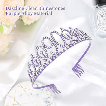 CIEHER 90th Birthday Crown + 90 & Fabulous Birthday Sash, Purple 90th Birthday Decorations for Women, 90th Birthday Gifts for Women, Happy 90th Birthday Cake Topper Purple