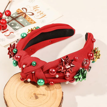 Christmas Headband for Women & Bride with Flower, Pearl & Crystal - Knotted Hairband, Top Knot Headpiece for Ugly Christmas Sweater, Holiday Party Costume, Dresses & Tops, Festive Gift (Red