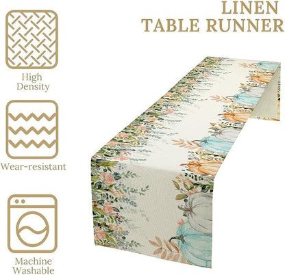 Fall Table Runner Blue Pumpkin Colorful Eucalyptus Leaves Thanksgiving Orange Green Watercolor Illustration Decor for Farmhouse Indoor Outdoor Party Holiday Dining Kitchen Restaurant Cafe W13xL72in