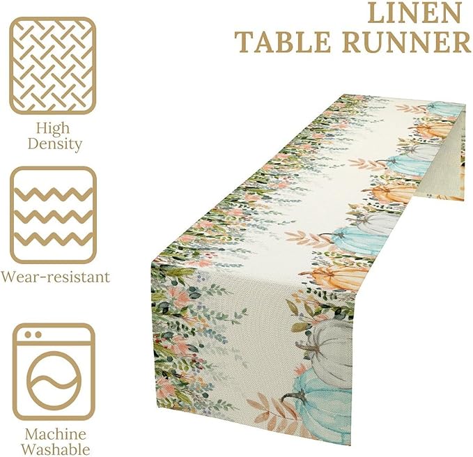 Fall Table Runner Blue Pumpkin Colorful Eucalyptus Leaves Thanksgiving Orange Green Watercolor Illustration Decor for Farmhouse Indoor Outdoor Party Holiday Dining Kitchen Restaurant Cafe W13xL120in