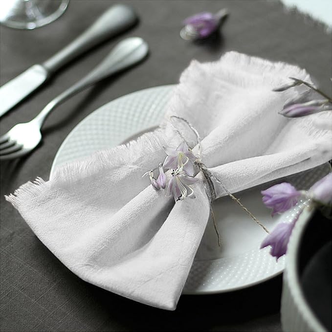 Handmade Cloth Napkins 100% Cotton Napkins with Fringe，Delicate Handmade Cloth Napkins for Dinners, Parties, Weddings and More，18 x 18 Inch Set of 6 - White