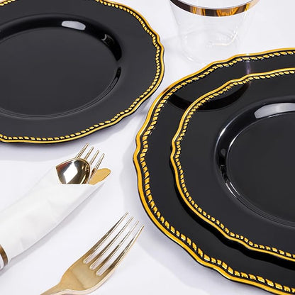 Hioasis 350pcs Black and gold Plastic Plates - Gold Plastic Dinnerware Set Includes 50 Dinner Plates, 50 Dessert Dinnerware, 50 Cups, 50 Rolled Napkin Cutlery Perfect for Wedding & Party