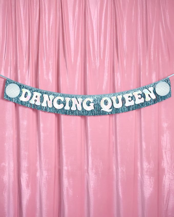 xo, Fetti Dancing Queen Fringe Banner - Iridescent & Blue Fringe, 5 Ft. | Disco Bachelorette Decorations, 70s Backdrop, Groovy Birthday Party, Boogie Bach Backdrop