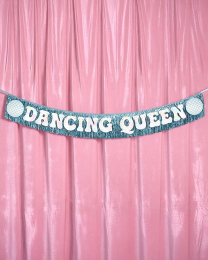 xo, Fetti Dancing Queen Fringe Banner - Iridescent & Blue Fringe, 5 Ft. | Disco Bachelorette Decorations, 70s Backdrop, Groovy Birthday Party, Boogie Bach Backdrop