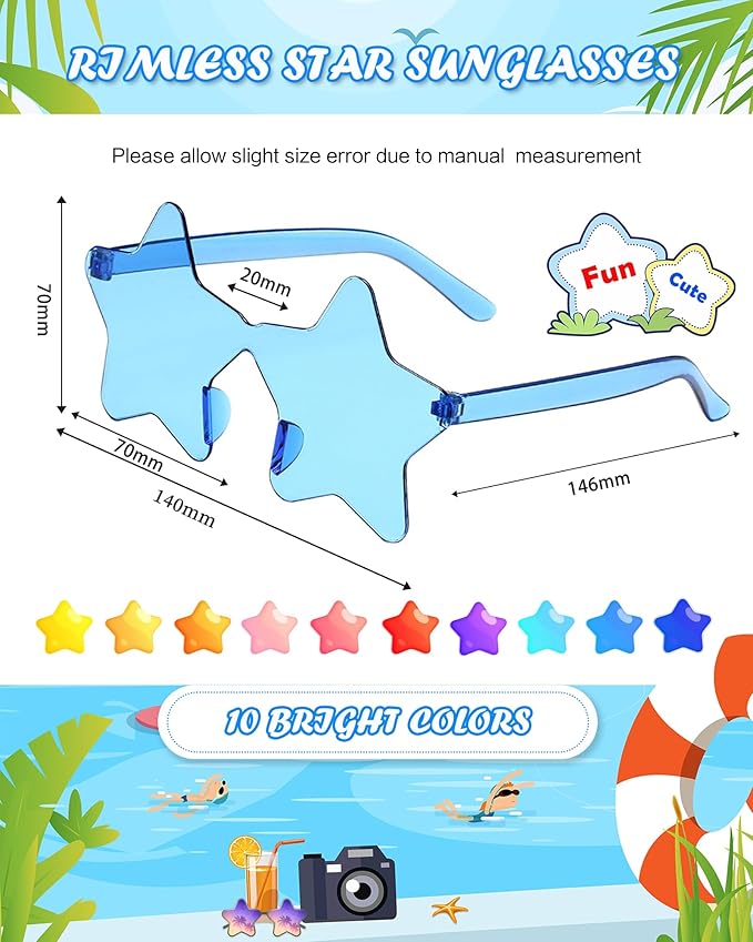 40 Pairs Rimless Star Sunglasses Bulk Wholesale Transparent Candy Color Star Glasses for Women Men Party Favors