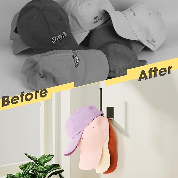 8 Pack Hat Racks for Baseball Caps, Stainless Steel Hat Organizer for Baseball Cap, Hat Holder Storage Organizer, Hat Hanger Strong Adhesive/Wall Drilled for Door, Bedroom, Closet(Black 6 in)