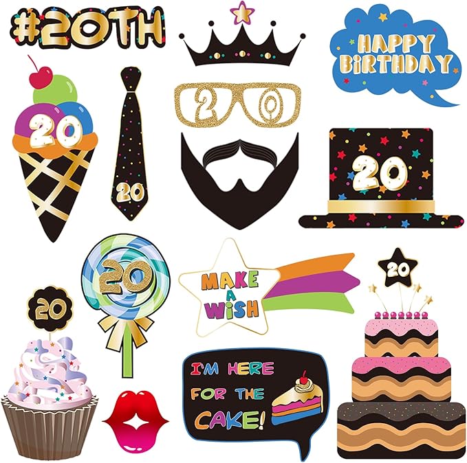 BRT Bearingshui 20th Photo Booth Props - Birthday Party Accessories, Signs and Decorations