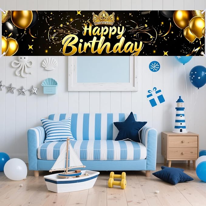 Nuxovilar Happy Birthday Banner Decorations 17.72x78.74 Inch Black Gold Crown Balloon Theme - Polyester for Indoor Outdoor Birthday Party Decor