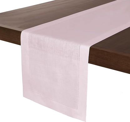 D'Moksha Homes Linen Pastel Pink Table Runner 108 Inches Long - 100% Pure Linen 14 x 108 Inch Table Runner for Winter, Christmas, Holiday - Classic Hemstitch