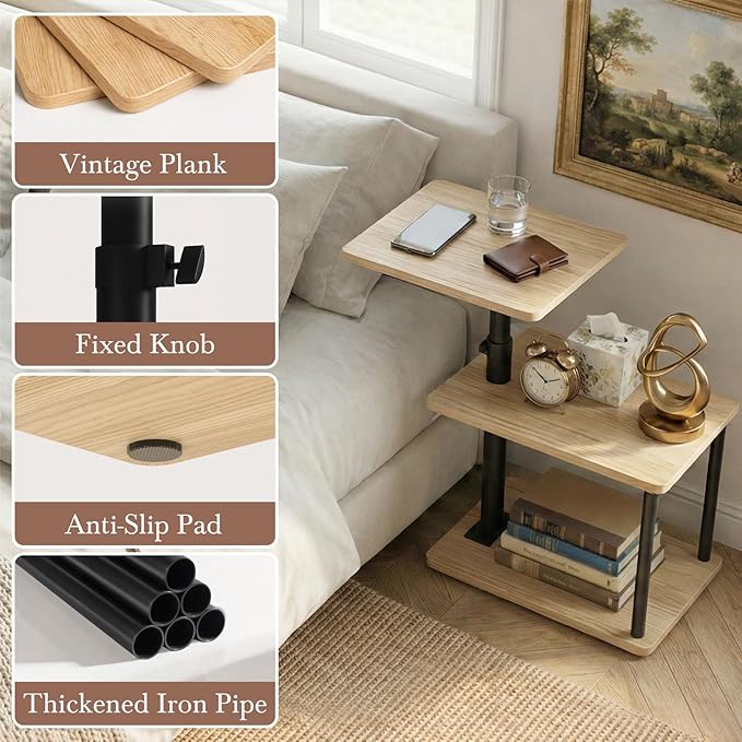 360° Swivel Side Table for Height Adjustable, C Shaped End Table for Couch with Storage, 3-Tier Night Stand with Open Shelf, Tv Tray for Small Spaces, Living Room, Bedroom, Oak