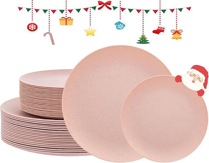 WONDERFUL 32pcs Pink Plastic Plates - Unbreakable and Reusable Pink Plates Dishwasher safe Dishes Set Includes:16 Dinner Plate 10" and 16 Dessert Plate 7.3" for Wedding Thanksgiving Christmas