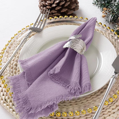 12 Pack Purple Cotton Linen Napkins with Fringe Christmas Cloth Napkins Set of 12 Boho Handmade Holiday Napkins Bulk for Wedding Bridal Baby Shower Xmas Dinner Table Parties, 17 x 17 Inches