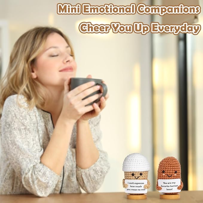 2 Pcs Coffee Gifts Mini Emotional Support Crochet Coffee Bean Set - Espresso Love And Favorite Human Bean, Cool Emotional Support Plush Gift for Latte Lover, Crochet Office Decor for Women Men