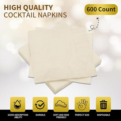 Cocktail Napkins - 600 Count 2-Ply Cream Napkins Disposable, 4.75 x 4.75 Inch Folded Paper Napkins Bulk Beverage Napkins for Dinner Wedding Bar Party and Everyday Use