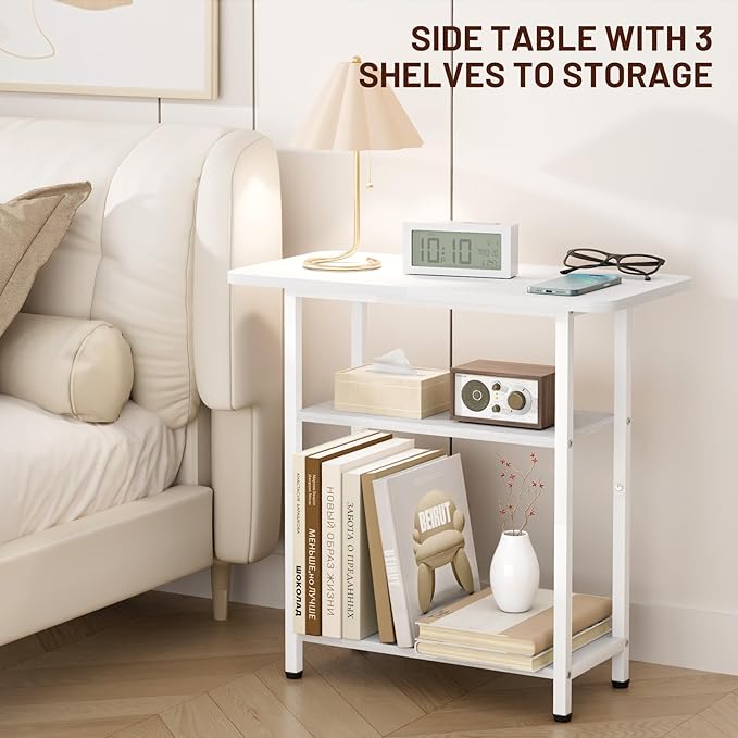 SLEEPING LAMB Side Table for Living Room, 3-Tier End Table for Small Space with Wide Storage Tabletop, Elegant White Narrow Nightstand for Bedroom, Sofa Couch