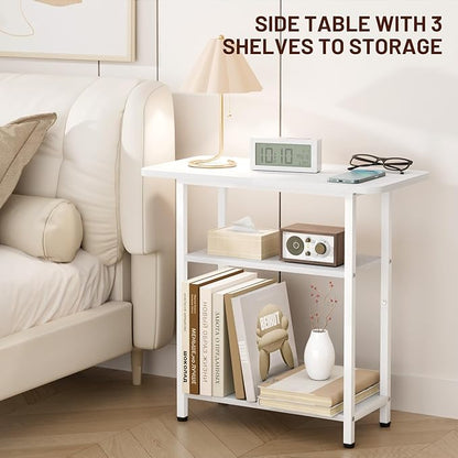 SLEEPING LAMB Side Table for Living Room, 3-Tier End Table for Small Space with Wide Storage Tabletop, Elegant White Narrow Nightstand for Bedroom, Sofa Couch