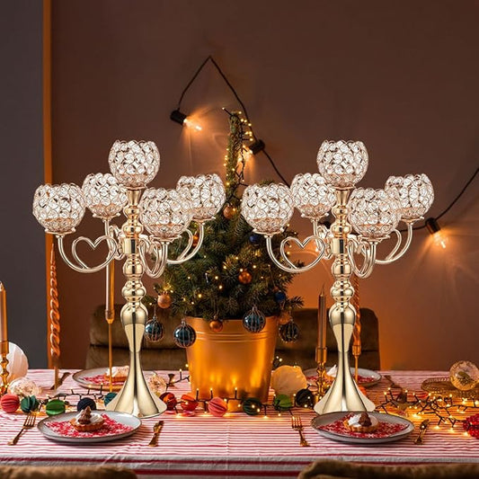 12 Sets Gold 5 Arms Candelabra Centerpiece for Wedding,Metal Crystal Candlestick Holders Chandelier Crystal Beaded Candle Holder for Table Decoration Party Dinner Formal Event