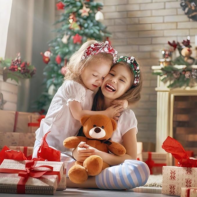 2 Pcs Christmas Headbands for Women Pearl Rhinestone Knot Headband Xmas Crystal Jeweled Hair Band Bow Wide Top Knotted Headband Christmas Hair Accessories Holiday Party Outfits(Snowflake Plaid)