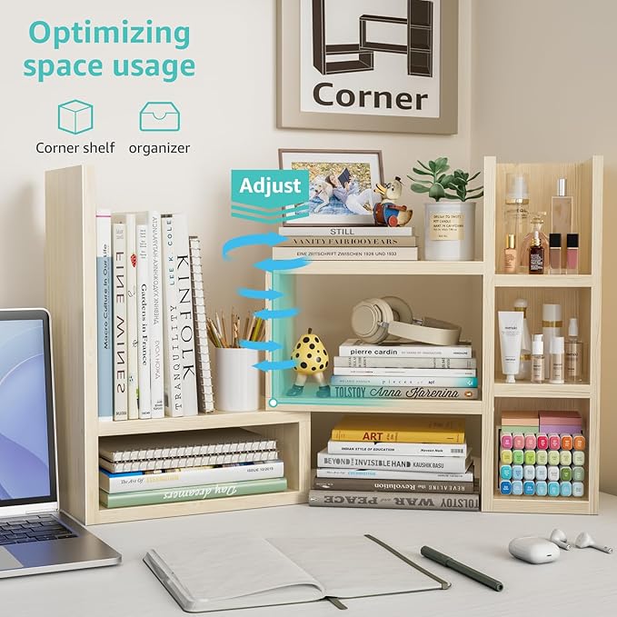 Desk Shelves Desktop Organizer Shlef - Natural Wood Tone Office Organization for Top of Desk Organizers and Accessories Corner Bookshelf Table Top Shelving Small Hutch Decorations for Office
