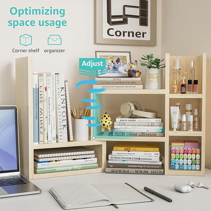 Desk Shelves Desktop Organizer Shlef - Natural Wood Tone Office Organization for Top of Desk Organizers and Accessories Corner Bookshelf Table Top Shelving Small Hutch Decorations for Office