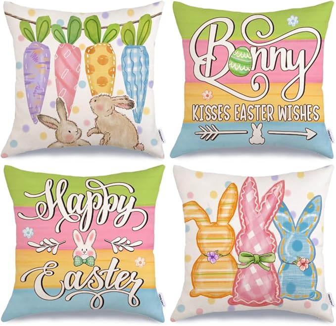 GEEORY Happy Easter Bunny Kisses Easter Wishes Throw Pillow Covers 18x18 Inch Set of 4, Stripes Spring Decorative Farmhouse Holiday Cushion Case for Home Decoration (Rainbow Carrots) G681-18