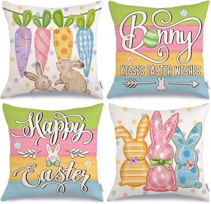 GEEORY Happy Easter Bunny Kisses Easter Wishes Throw Pillow Covers 18x18 Inch Set of 4, Stripes Spring Decorative Farmhouse Holiday Cushion Case for Home Decoration (Rainbow Carrots) G681-18