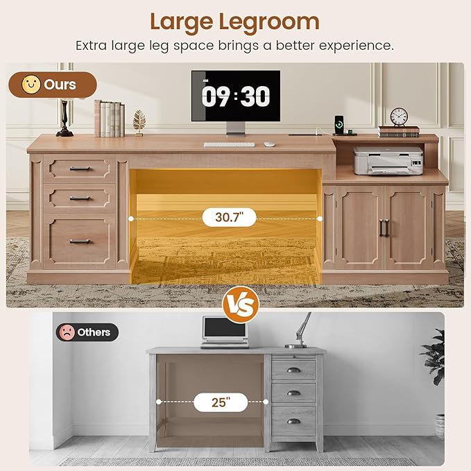 SEDETA Farmhouse 70.9" Executive Desk, Home Office Desk with File Drawers and Storage Cabinet, Computer Desk with Power Outlet for Home Office, Work Study Writing, Natural Oak