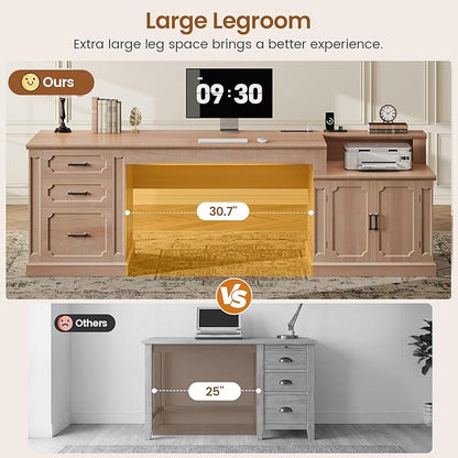 SEDETA Farmhouse 70.9" Executive Desk, Home Office Desk with File Drawers and Storage Cabinet, Computer Desk with Power Outlet for Home Office, Work Study Writing, Natural Oak