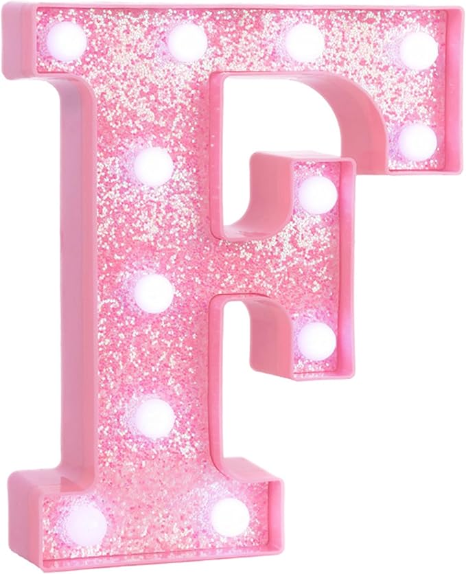 Pink LED Marquee Light Up Letters, Glitter Alphabet Letter Lights for Birthday Party Decorations, Battery Operated Letter Signs for Girls Room Table Decor, Pink letter F with Cool White Lights