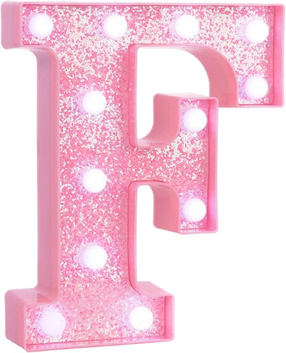 Pink LED Marquee Light Up Letters, Glitter Alphabet Letter Lights for Birthday Party Decorations, Battery Operated Letter Signs for Girls Room Table Decor, Pink letter F with Cool White Lights