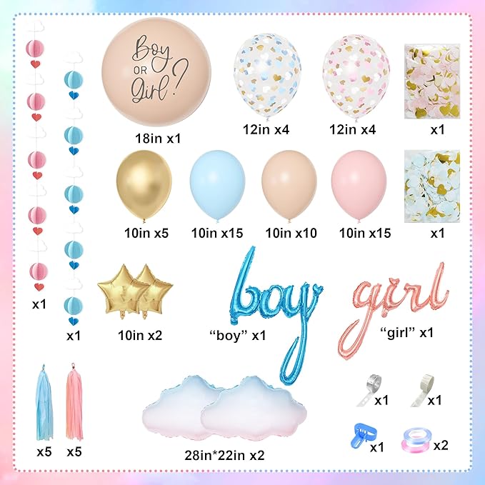 Ouddy Party Gender Reveal Decorations, Pastel Pink and Blue Nude Confetti Balloons Arch Kit Star Hanging Cloud Garland Paper Tassels He or She Boy or Girl Gender Reveal Baby Shower Party Supplies