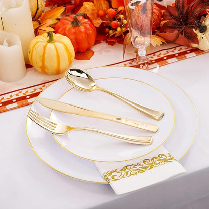 Liacere 175PCS White and Gold Plastic Plates - Gold Plate Include 50Plastic Plates, 25Forks, 25Spoons, 25Knives, 25Napkins, 25Champagne Flutes Plastic for Party & Wedding & Christmas & New Year