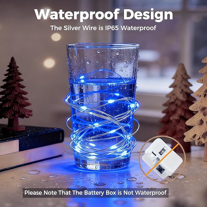 litogo 12 Pack 7FT 20 LED Fairy Lights Battery Operated, 3 Lighting Modes, Bulk Mini Twinkle String Lights Waterproof Silver Wire for Weddings Mason Jars Party Christmas Decorations-Blue
