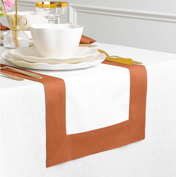 Solino Home Linen Table Runner 48 Inches - 100% Pure Linen Cinnamon and White Small Table Runner 14 x 48 Inch Ideal for Dresser and Coffee Tables - Contempo - Fall, Autumn
