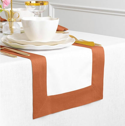 Solino Home Linen Table Runner 48 Inches - 100% Pure Linen Cinnamon and White Small Table Runner 14 x 48 Inch Ideal for Dresser and Coffee Tables - Contempo - Fall, Autumn