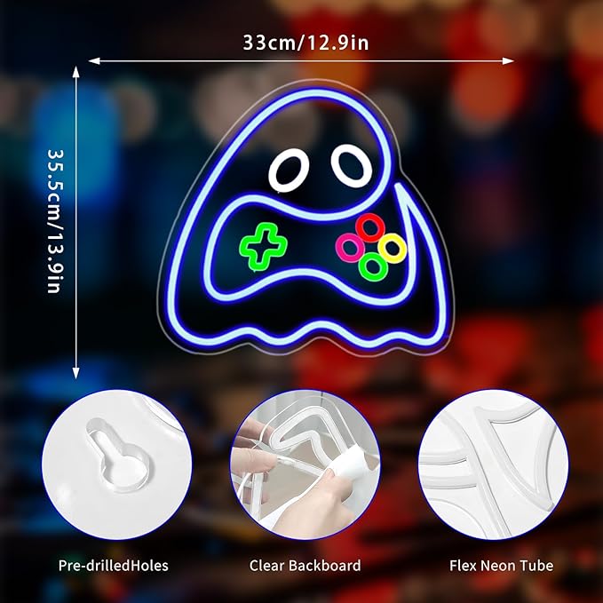 Game Ghost Neon Sign, Neon Signs for Wall Decor Gaming Room LED Light Up Signs Home Decor for Boys Bedroom Club Party Bar Shop USB Operated
