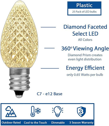 Novelty Lights 25PK C7 LED Faceted Ultra Bright Dimmable Outdoor Christmas Light Replacement Bulbs, String Light Bulbs (Warm White 2700K)