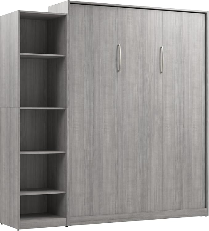 Bestar Claremont Queen Murphy Bed with Closet Organizer (85W) in Platinum Gray, Space-Saving Sleeping Arrangement for Multipurpose Room