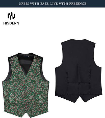 HISDERN Men's Suit Vest Christmas Holiday Season Party Jacquard Waistcoats Necktie Pocket Square Vest Suit Set