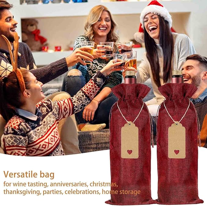 Homum 12Pcs Premium Burlap Wine Bags, Reusable Wine Bottle Bags for Weddings, Parties, Blind Tastings, Christmas, Birthdays, Housewarming, Home Storage (Red)