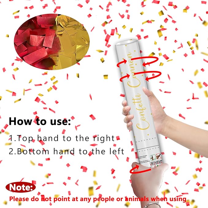 16" Red & Gold Confetti Cannons - Party Poppers for Wedding Birthday Graduation New Year Celebrations - Easy-to-Use - Pack of 4