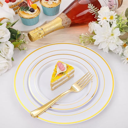 bUCLA 600Pcs White and Gold Plastic Plates - Gold Disposable Dinnerware Set for 100 Guests Include 100 Dinner & 100 Dessert Plates, 100 Cups, 100 Forks, 100 Spoons, 100 Knives for Party