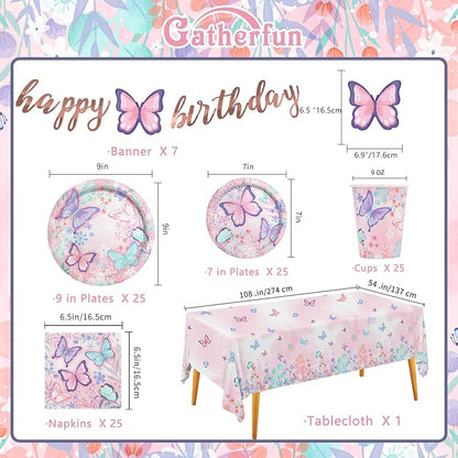 Butterfly Birthday Party Supplies Disposable Paper Plates Napkins Cups Tablecloth and Banner for Butterfly Girl Party Birthday Decorations, Serve 25