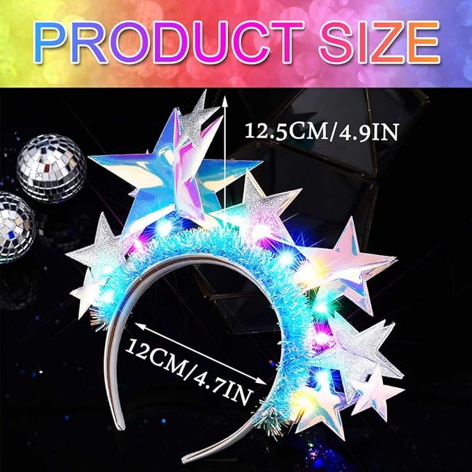 GORTIN Light up Star Headband Silver LED Headpiece Glowing Star Rave Hair Accessories for Women
