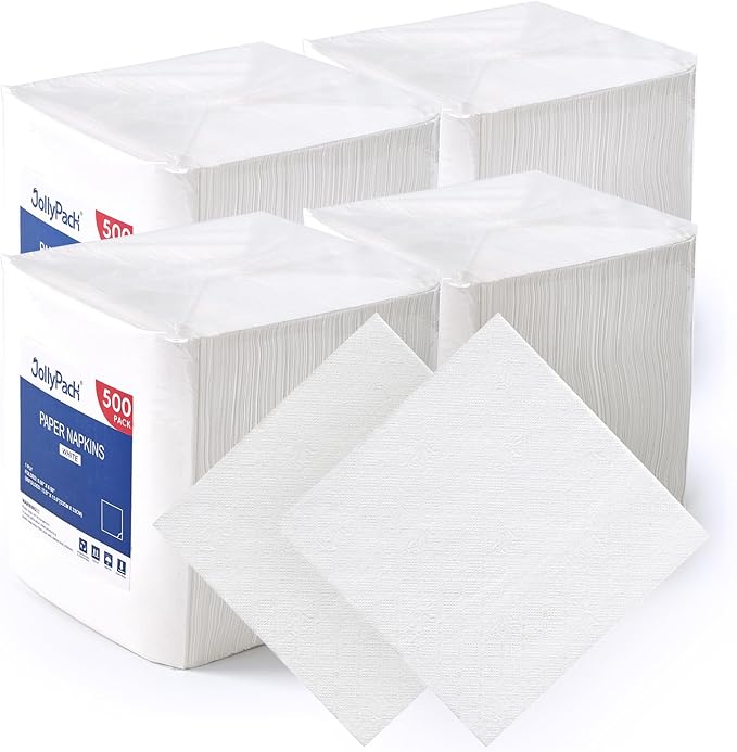 JollyPack 2000 Count White Paper Napkins - 1-Ply 6.5 x 6.5 Folded Bulk Disposable Beverage Cocktail Napkins, Dinner Paper for Restaurants, Bars and Parties - 13 x 13 Unfolded