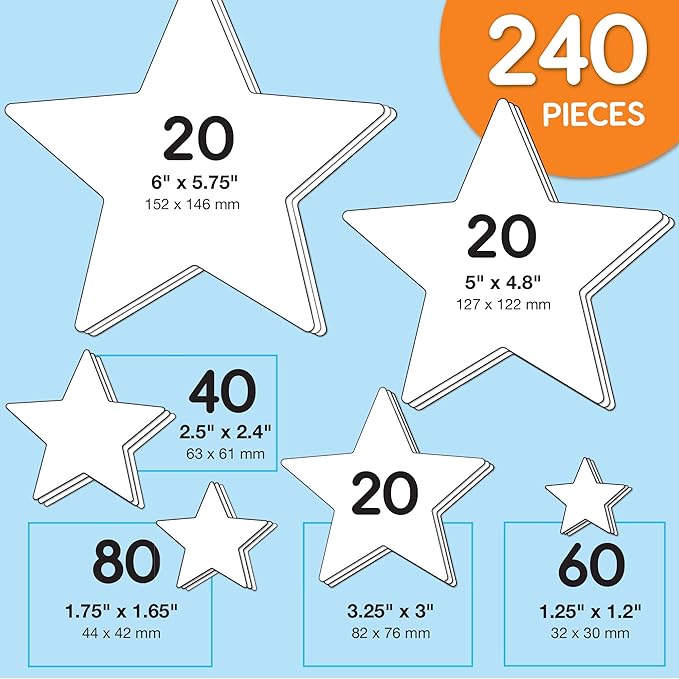 240 Pieces Star Cutouts, 2-Sided US Made Card Stock Punch Out White Stars for Bulletin Boards, Classroom Decor, Back to School DIY Craft Projects, Party Decoration, Hollywood Themed Events